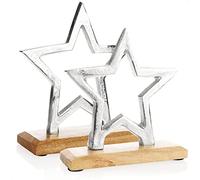 com-four® 2x premium decorative stand star - star statue made of nickel-plated aluminum on a base made of mango wood - decorative star to stand - great star decoration (silver-colored - star mix)