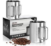 com-four® 2X Stainless Steel Coffee Mugs - 300 ml per Cup - Thermal Drinking Mug Made of 304 Stainless Steel with Folding Handle - Double-Walled Insulating Mug - BPA-Free (Silver - 300ml - 2 Pieces)