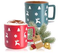 com-four® 2x XL Christmas coffee mug made of porcelain 450 ml - Green and red - Festive mug with Christmas motif - Christmas coffee cup - Two-tone Christmas mug (Christmas motifs - 450ml)