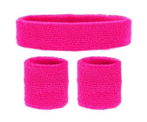 COM-FOUR® 3-piece accessory set - headband and 2 bracelets neon pink - 80s look - accessories for carnival, carnival, theme party, JGA, sports, aerobics, tennis