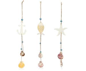 COM-FOUR® 3x hanging decoration made of wood with starfish, fish and anchor - decorative shells to hang up - maritime hanging decoration for the home (3 pieces - 35 x 5.5cm)