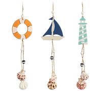 COM-FOUR® 3x hanging decoration Maritime - decoration for hanging - boat, lighthouse and lifebuoy with shells - hanging decoration made of wood (3 pieces - 35cm)