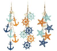 COM-FOUR® 3x hanging decoration Maritime - decoration for hanging - starfish, anchor and steering wheel made of wood with shells - hanging decoration