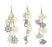 com-four® 3x hanging decoration Maritime - decoration for hanging - steering wheel, fish and seahorse with shell - hanging decoration made of wood (3 pieces - grey/white)