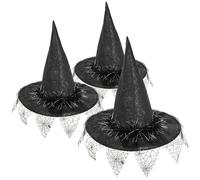 com-four® 3X witch hat - wizard hat perfect for fancy dress, carnival, Halloween - pointed magic hat for witch costume - black magician headgear (3 pieces - hat spider web and feathers)