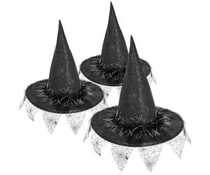 com-four® 3X witch hat - wizard hat perfect for fancy dress, carnival, Halloween - pointed magic hat for witch costume - black magician headgear (3 pieces - hat spider web and feathers)