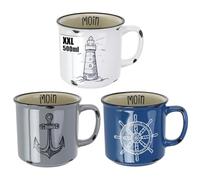 com-four® 3X XXL Coffee Mugs Made of Porcelain - 500 ml Drinking Cup - Maritime Coffee Cups for Home and Office - Coffee Pot for Cold and hot Drinks (3 Pieces - White/Blue/Gray)