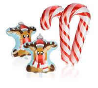 com-four® 4-piece foil balloon set - winter design with reindeer and candy cane - inflatable helium decoration for parties (Set 4-tlg. 2x Rentier + 2x Stange)