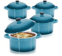 COM-FOUR® 4x casserole dish with ceramic lid - dessert bowl for crème brûlée - mini casserole dish for ragout fin and seasoned meat - blue, approx. 250/175 ml per dish (4 pieces - blue)