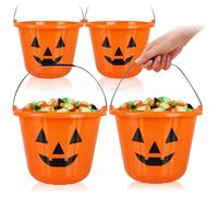 com-four® 4x Halloween pumpkin buckets XL - plastic buckets in pumpkin design for collecting sweets - collection bag with handle for Halloween