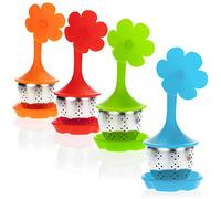 COM-FOUR® 4X Tea Infuser Made of Stainless Steel and Silicone - Tea Strainer with lid and Saucer - Tea Filter for Tea Lovers - Dishwasher-Safe (04 Pieces - Flower)