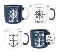 com-four® 4X XL Ceramic Coffee Mugs, 450 ml Drinking Cups, Maritime Coffee