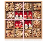 COM-FOUR® 56-piece straw star set - stars, bells, fir trees, and traditional figures as Christmas tree decorations - small straw pendants - natural Christmas tree hangings