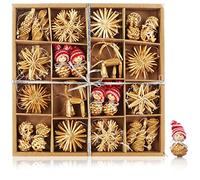 COM-FOUR® 56-piece straw star set - stars, bells, fir trees, and traditional figures as Christmas tree decorations - small straw pendants - natural Christmas tree hangings