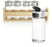 COM-FOUR® 6-Piece Spice Shaker Set, Glass Jars with lids in Wooden Rack, Salt and Pepper shakers for Kitchen Storage in a Modern Design (6-Piece Set - Spreader/Shelf)