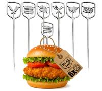 com-four® 6 Stainless Steel Burger skewers 16 cm, Metal Picks with Wide Open Grip Area, Kitchen, BBQ Accessory for Stylish Serving (6X - Open - 16cm)