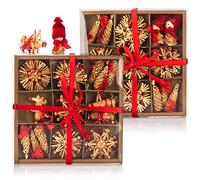 COM-FOUR® 70-piece set of Christmas tree ornaments - Christmas tree hangings made of straw - cones, elves, figures and straw stars - Christmas decoration