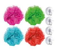 com-four® 8-piece Set with 4X Shower Sponge and 4X Suction Hooks, Bath Scrubber with Hanger for exfoliating and Massage [Assorted Colors] (8-piece Set - Sponge/Hooks)