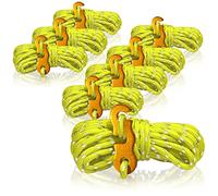 COM-FOUR® 8x guy ropes, each 4m for camping, reflective in yellow - tent cord with aluminum buckle - tension cord - camping cord - rope tensioner - tent rope - storm strap