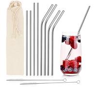 COM-FOUR® 8X Straws Made of Stainless Steel, Drinking Straws, rustproof, Straw with Cleaning Brush, Reusable - 21.5 cm + 24 cm (Stainless Steel Curved/Straight - 08 Pieces)