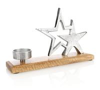 COM-FOUR® candle holder with decorative figure - Decorative candle holder made of nickel-plated aluminum with mango wood base - Tealight holder for candles of all kinds
