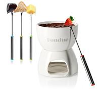 COM-FOUR® Premium Chocolate Fondue Set - Ceramic Bowl with Tea Light Holder and 4 Forks - Melting Pot for Chocolate and Cheese - Melting Pot - Dessert dip Bowl for 4 People - Melting Vessel (White)