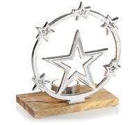 COM-FOUR® tealight holder with star motif - Christmas candle holder with wooden base - decorative Christmas candle holder - Christmas decoration (Star with base)