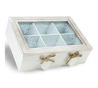 Com-Four® Vintage Tea Storage Box with 6 Compartments and Glass Window, 23.1 x 7.1 x 16.8 cm (1 Piece - Brown/White Hearts)