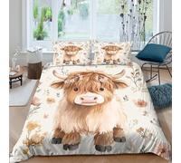 Com4table 3D Print Microfiber Cute Highl& calf Bed Quilt Cover Easy Care Bedding Set w/ Pillowcases Floral watercolor Duvet Cover All Season Breathable Washable Kids Teens Boys Girls King（220x240cm）