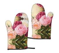 COMAAM Peony Flowers Blossom Insulation Gloves (2-Piece Set) Microwave Oven Gloves For Barbecue Cooking And Baking