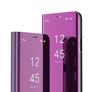 COMAKU Mirror Folio Case for Samsung Galaxy S24 Ultra, Premium Smart View Cover with Clear Time Window - Purple