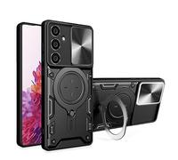 COMAKU Ultra Armor Case for Samsung Galaxy S23 FE 5G, TPU+PC Shockproof Protective Cover with Slide Camera Cover, with Round Ring Kickstand - Black