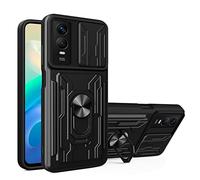 COMAKU Ultra Armor Case for Vivo Y76 5G / Y76S 5G, TPU+PC Shockproof Cover with Slide Camera Cover Card Holder Ring Kickstand -Black