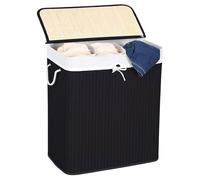 Comart - Bamboo Laundry Basket - 150 L - 3 Compartments - Space-Saving Basket - Foldable - with Lid and Handles - Removable Inner Lining - Cloth and Laundry Holder - for Laundry and Bathroom - Black