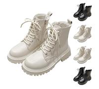Combat Boots Ankle Booties Lace-Up Platform Side Zipper Lug Sole Boots Flat Fashion Combat Booties Low Heel Military Winter Boot for Women Beige with Lined Footwear Size 5.5