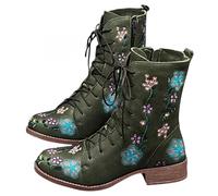 Combat Boots for Women,2025 Boho Retro Casual Round Toe Casual Mid Calf Short Boots with Side Zip Winter Vintage Flower Design Embroidered Lace Up Leather Chunky Mid Heel Ankle Booties