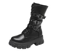 Combat Boots Women's Platform Ankle Boots with Bat Wing Buckles Chunky Block Shoes Laces Zip Women's Boots Round Toe Punk Motorcycle Combat Boots Comfy Short Gothic Booties, black, 4 UK