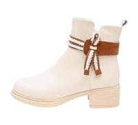 Combat Boots Women's Platform Cowboy Ankle Boots Women's Leather Ankle Boots with Block Heel Western Riding Boots Short Shaft Leather Boots Two-Tone Women's Boots Faux Leather Slip-On Boots, White, 4