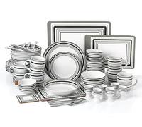 Combination Tableware Set; 80pcs, Grey Band, Waterside, Ideal for Cafe, Care Home, Restaurant, Large Family Gatherings; Porcelain, Cutlery and Placemats