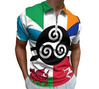 Combined Flag of The Celtic Nations Men's Short Sleeve Polo Shirts Casual Zippered Golf Shirt Slim Fit T-Shirt Tops 2XL