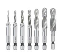 Combined Tap and Drill Set HSS Hex Shank Metric Tap Machine Tap Thread Tap Drill Hand Tools M3 M4 M5 M6 M8 10 M12(7pcs Silver)