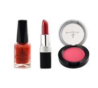 (Combo Of 3) - Cranberry Lipstick + Cherry Blusher + Ruby Red Henna Infused Nail Polish Halal And Vegan Makeup Christmas Party Bag Filler Long Lasting Luxury Shiny Nail Polish