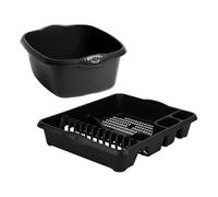 Combo Set of 2-39cm Rectangular Plastic Washing Up Bowl & Large Dish Drainer Rack Draining Board Tray with Utensil Holder Durable Kitchen Sink Organiser Set for Home & Restaurants (Midnight Greyish)