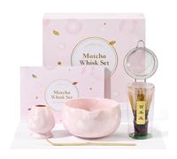 ComboJoy Matcha Whisk Set, 6PCs Japanese Matcha Kit with Pink Crystalline Glaze Matcha Bowl, Purple Bamboo Whisk, Scoop, Sifter & Tea Towel -Birthday Christmas Gifts for Women Mom Her