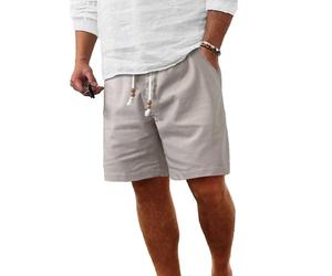 Comdecevis Men's Linen Shorts Casual Elastic Waist Drawstring Summer Beach Vacation Yoga Golf Shorts with Pockets, Light Gray, Medium