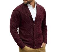 Comdecevis Mens Shawl Collar Cardigan Sweater Cable Knit Button Down Long Sleeve Casual Knitwear with Pockets, Wine Red, XL