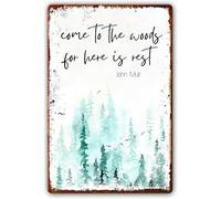 Come to The Woods for There is Rest Metal Tin Sign Christian Bible Verses Wall Decor Scripture Wall Art Poster Office Artwork Forest Watercolor Painting for Home Living Room Decor 8 X 12 Inch