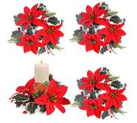 Comebachome 4PCS 9 Inch Plastic Candle Rings Wreaths with Red Poinsettia Holly Leaves Berries Decor, Artificial Christmas Centerpieces for Tables Wedding Birthday Party Decor, Christmas