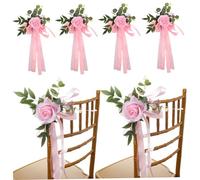 Comebachome 6pcs Artificial Rose Wedding Aisle Decorations with Ribbons, Chair Back Floral Decor for Wedding Ceremony Party (Pink)