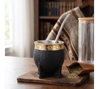 Comebachome Argentine Mate, Black Imperial Argentine Mate Cup - Stainless Steel Pumpkin with Carved Rim & Straw, Insulated for Hot/Cold Drinks, Term for